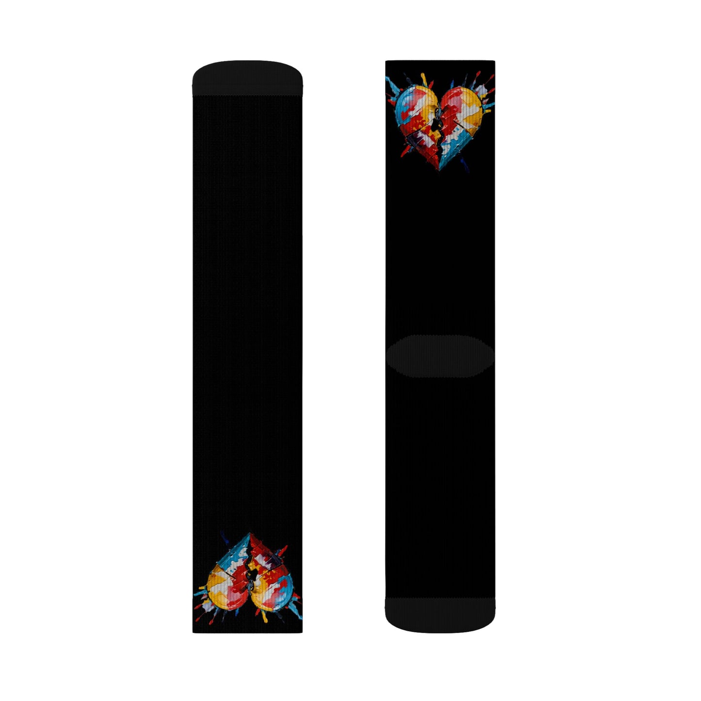 Black Sublimation Socks with Colorful Broken Heart Graphic – Artistic Valentine/Everyday Crew Socks