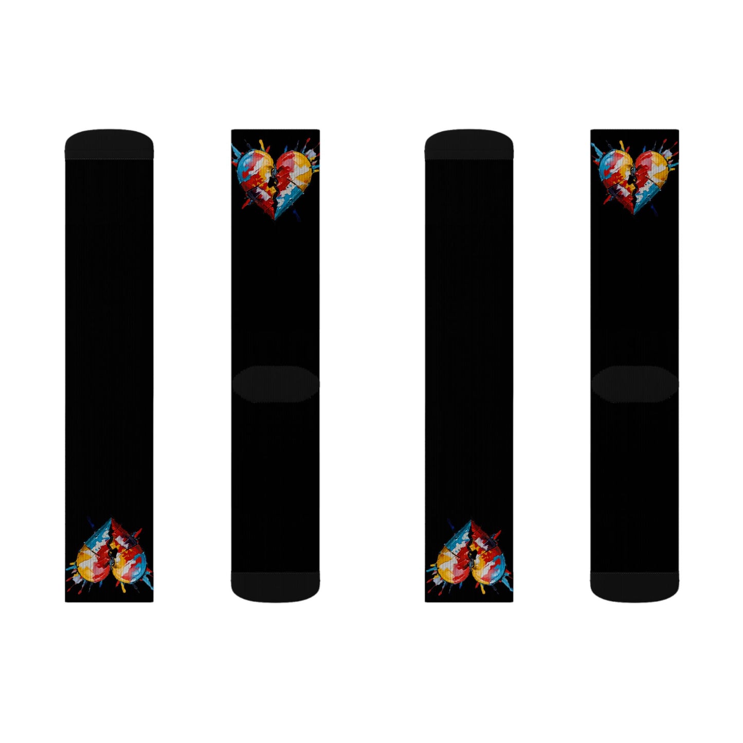 Black Sublimation Socks with Colorful Broken Heart Graphic – Artistic Valentine/Everyday Crew Socks