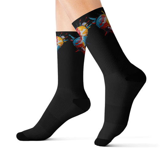 Black Sublimation Socks with Colorful Broken Heart Graphic – Artistic Valentine/Everyday Crew Socks
