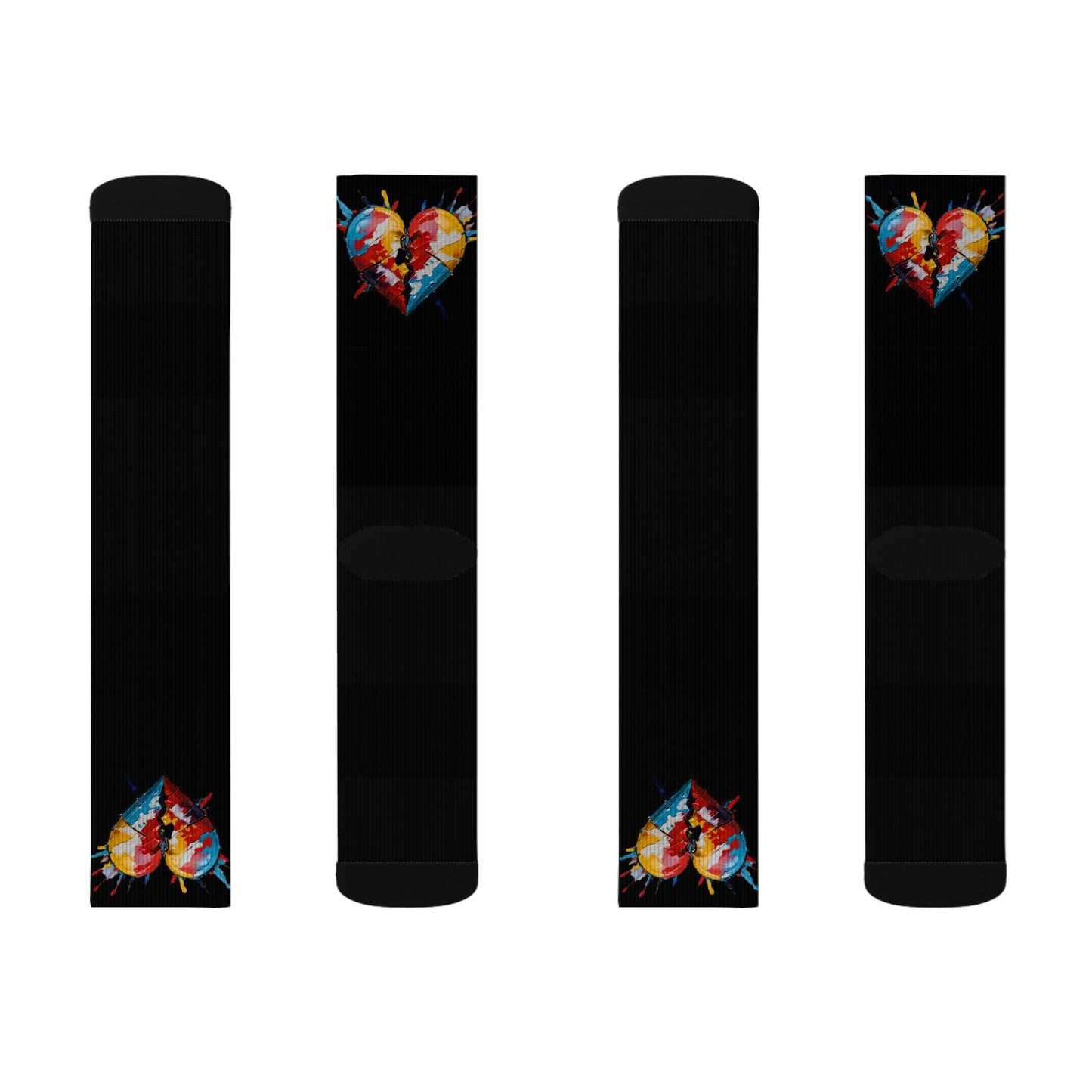Black Sublimation Socks with Colorful Broken Heart Graphic – Artistic Valentine/Everyday Crew Socks